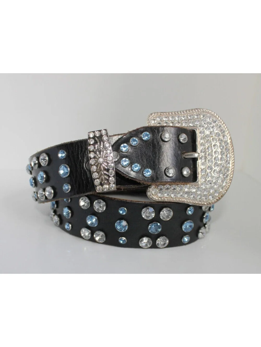 Western Rhinestone Belt Women's 34 Black Leather Clear Baby Blue Bling 1.5